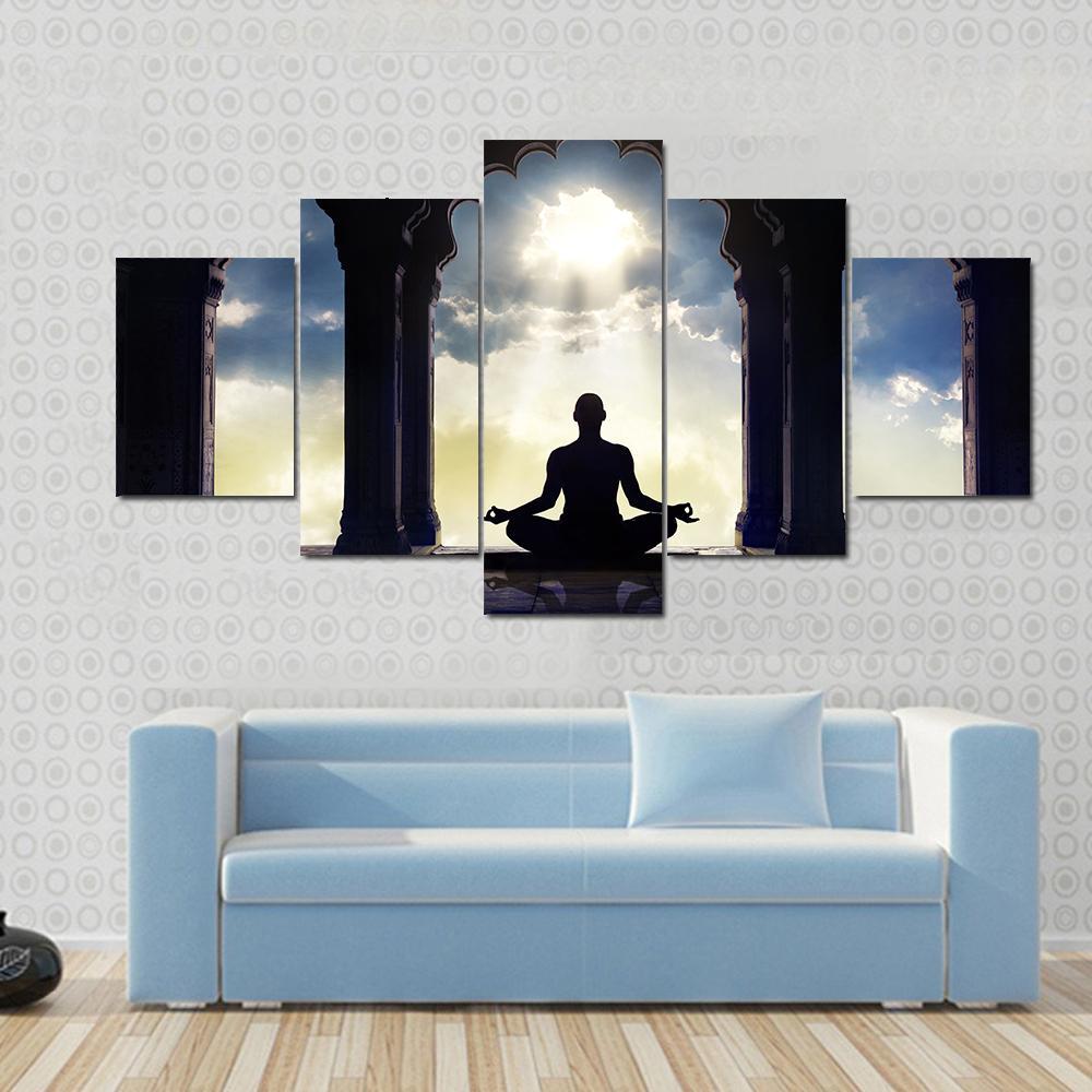 Meditating In Old Temple Canvas Wall Art-5 Star-Gallery Wrap-62" x 32"-Tiaracle