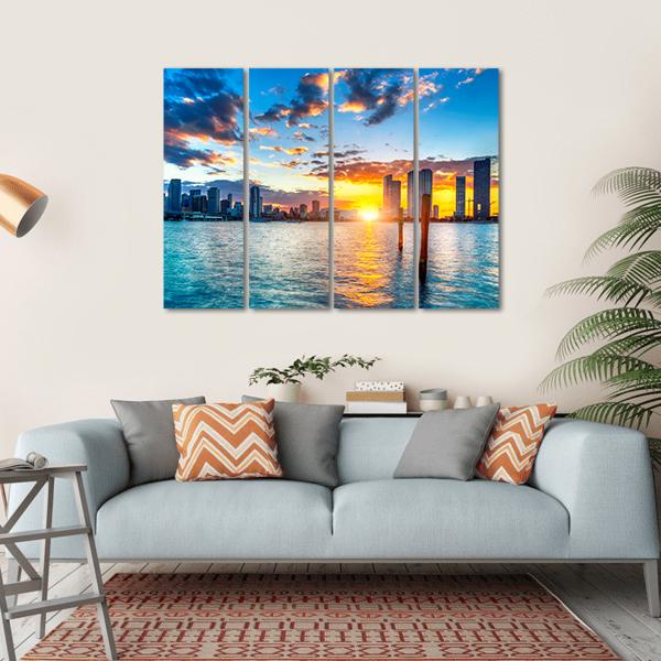 Miami City Skyline Canvas Wall Art-4 Horizontal-Gallery Wrap-34" x 24"-Tiaracle