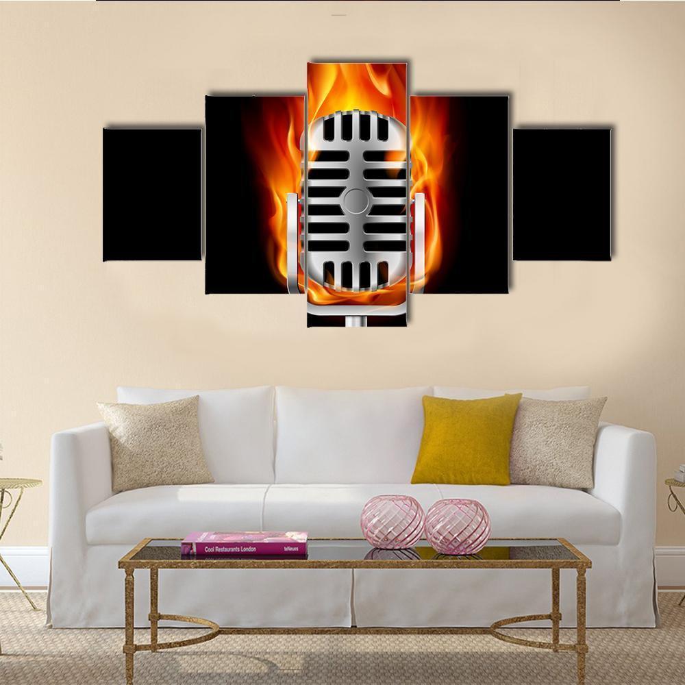 Microphone In Fire Canvas Wall Art-5 Star-Gallery Wrap-62" x 32"-Tiaracle