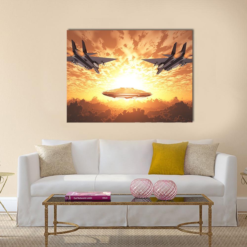 Military Jets In Orange Sunset Canvas Wall Art-1 Piece-Gallery Wrap-36" x 24"-Tiaracle