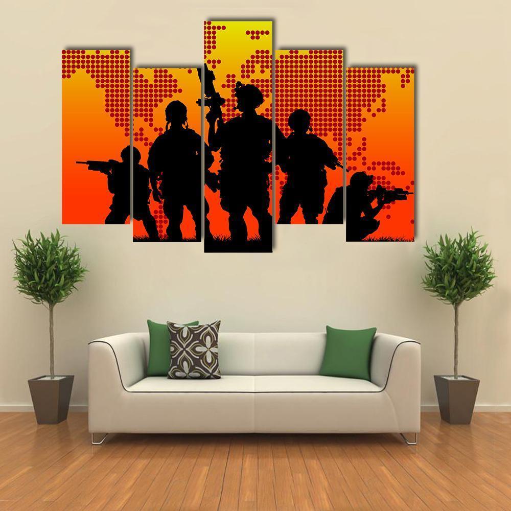 Silhouette Of Military Soldiers Canvas Wall Art-5 Pop-Gallery Wrap-47" x 32"-Tiaracle