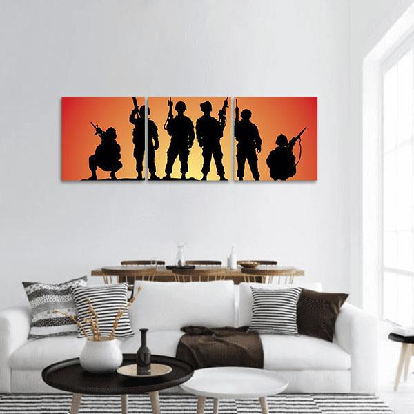 Military Soldiers Silhouettes Panoramic Canvas Wall Art-3 Piece-25" x 08"-Tiaracle