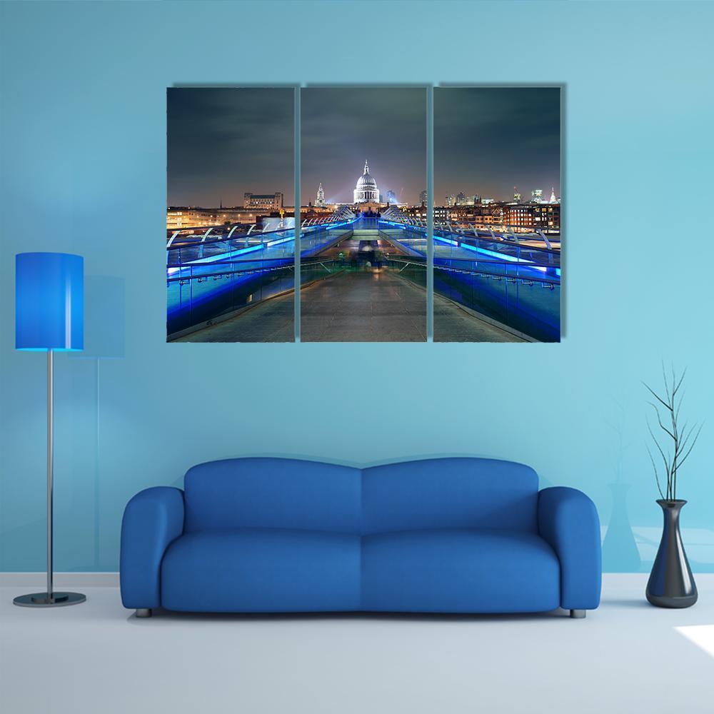 Millennium Bridge At Night Canvas Wall Art-3 Horizontal-Gallery Wrap-37" x 24"-Tiaracle