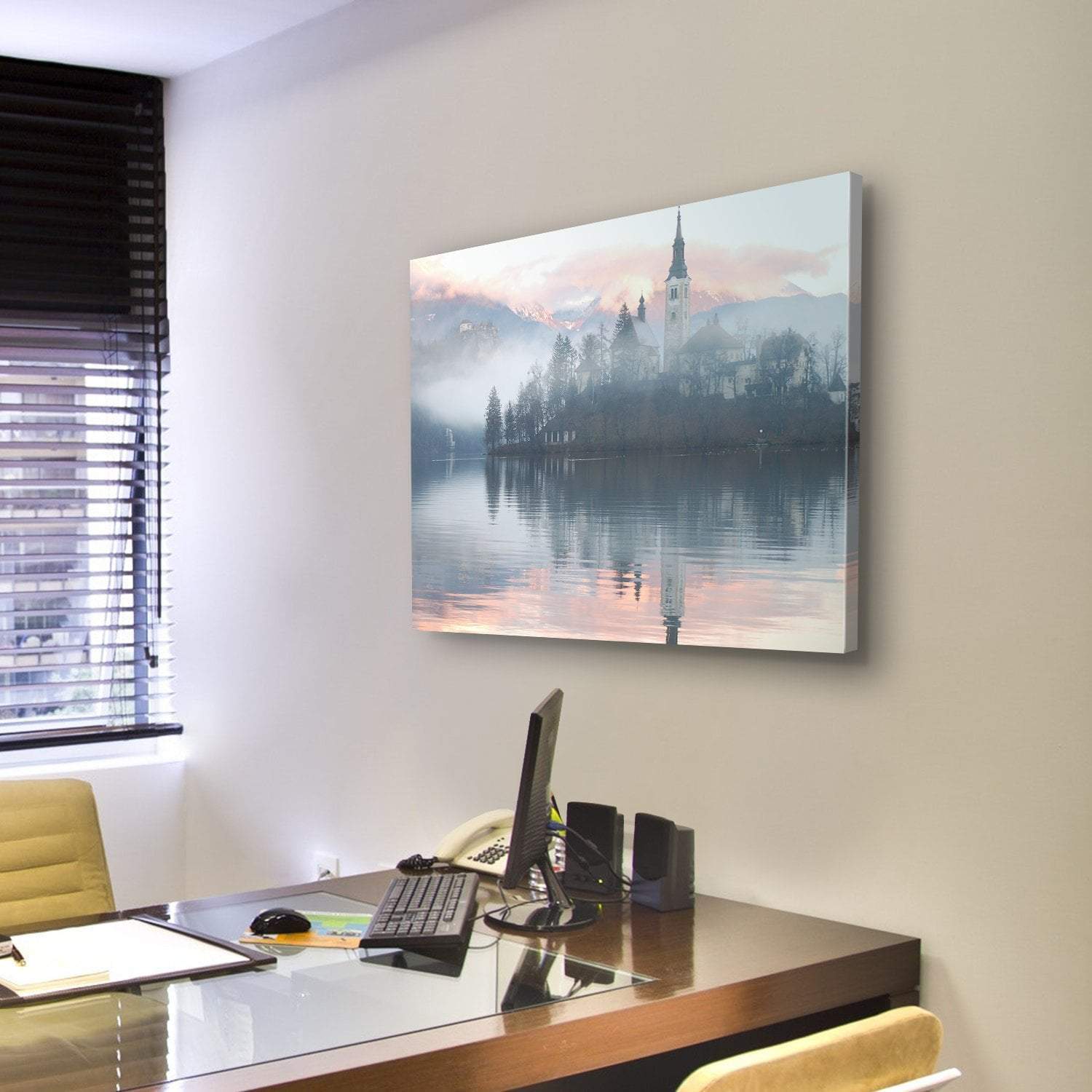 Misty Evening At Bled Lake Canvas Wall Art-3 Horizontal-Gallery Wrap-25" x 16"-Tiaracle