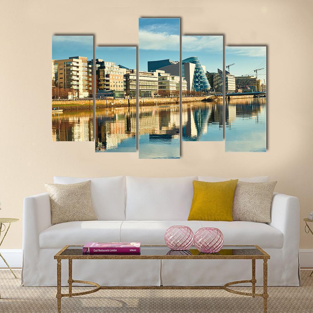Buildings On Liffey River Canvas Wall Art-5 Pop-Gallery Wrap-47" x 32"-Tiaracle