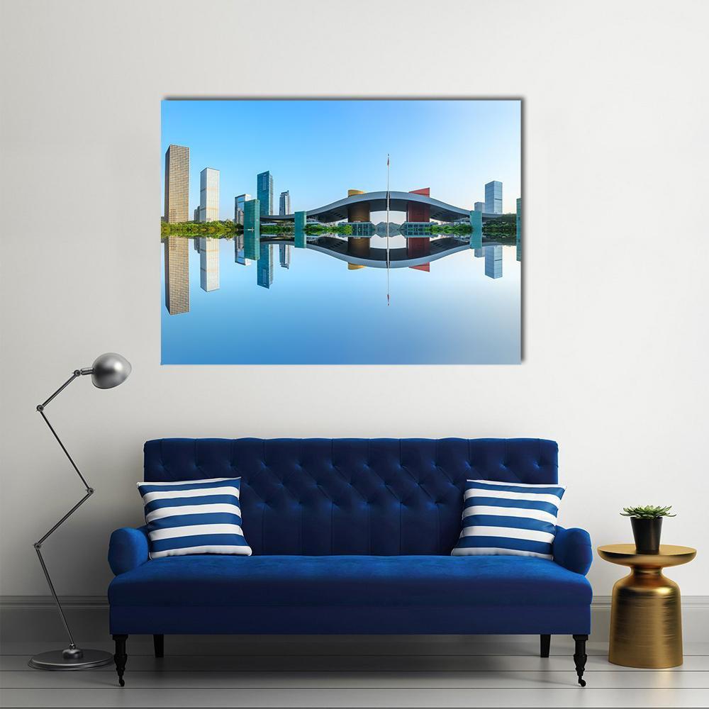 Modern City Reflection In Water Canvas Wall Art-1 Piece-Gallery Wrap-48" x 32"-Tiaracle