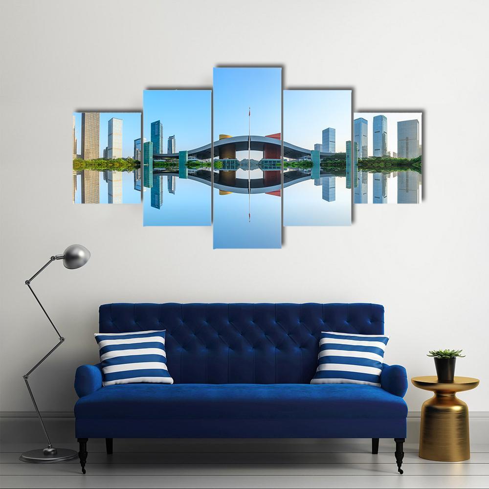 Modern City Reflection In Water Canvas Wall Art-5 Star-Gallery Wrap-62" x 32"-Tiaracle