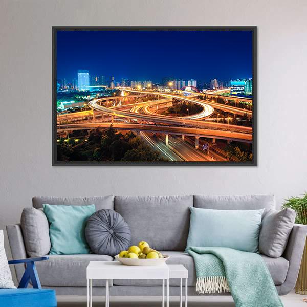 Modern Highways At Night Canvas Wall Art-5 Horizontal-Gallery Wrap-22" x 12"-Tiaracle