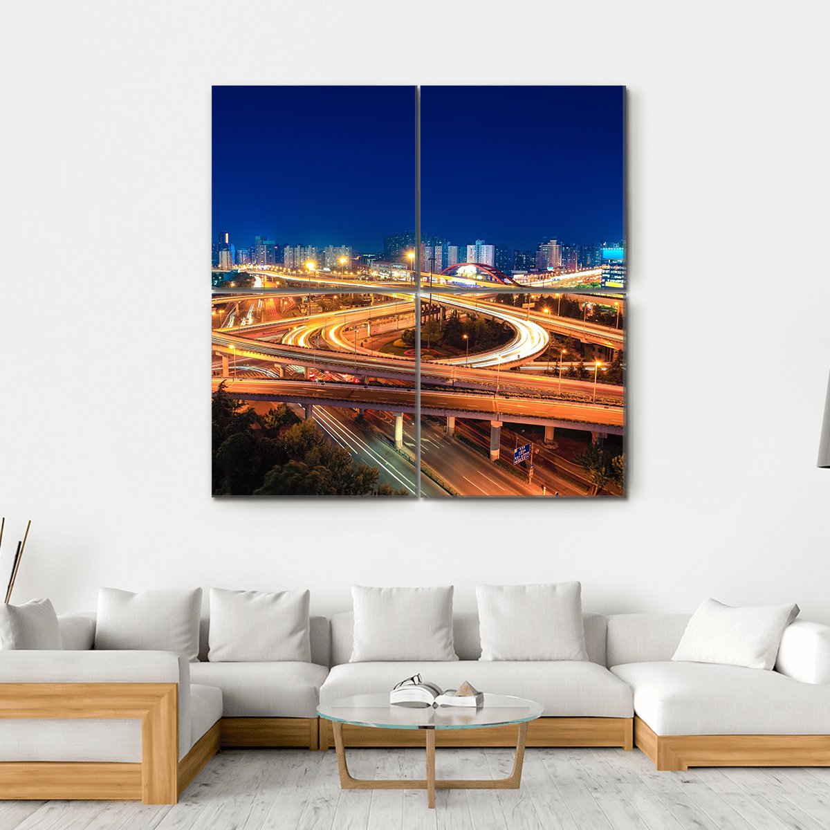 Modern Highways At Night Canvas Wall Art-4 Square-Gallery Wrap-17" x 17"-Tiaracle