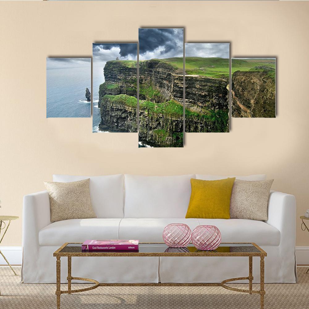 Moher Cliffs Under Clouds Canvas Wall Art-5 Star-Gallery Wrap-62" x 32"-Tiaracle