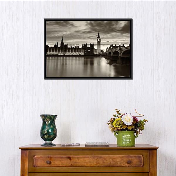 Monochrome Big Ben Canvas Wall Art-1 Piece-Floating Frame-24" x 16"-Tiaracle