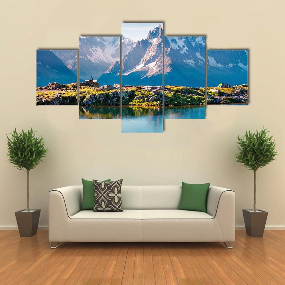 Mont Blanc With Lake Canvas Wall Art-5 Star-Gallery Wrap-62" x 32"-Tiaracle