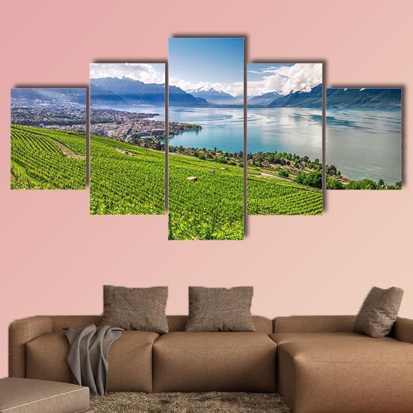 Montreux City With Swiss Alps Canvas Wall Art-5 Star-Gallery Wrap-62" x 32"-Tiaracle