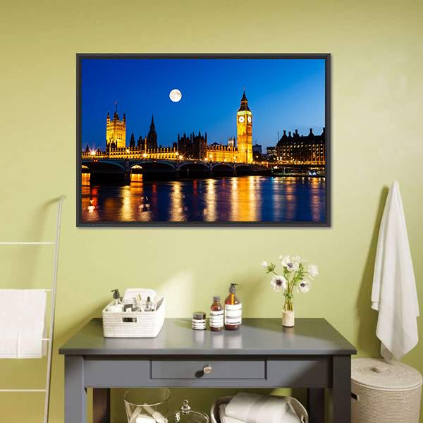 Moon Above Big Ben UK Canvas Wall Art-3 Horizontal-Gallery Wrap-25" x 16"-Tiaracle
