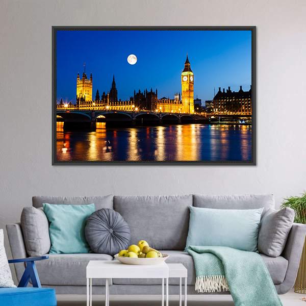 Moon Above Big Ben UK Canvas Wall Art-3 Horizontal-Gallery Wrap-25" x 16"-Tiaracle