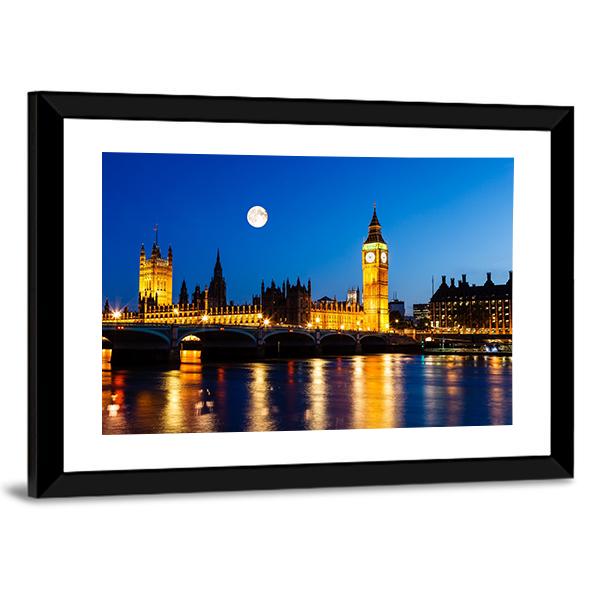 Moon Above Big Ben UK Canvas Wall Art-3 Horizontal-Gallery Wrap-25" x 16"-Tiaracle