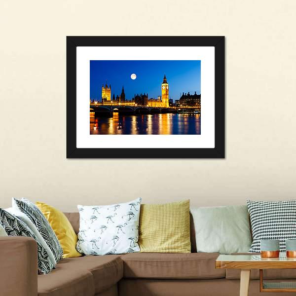 Moon Above Big Ben UK Canvas Wall Art-1 Piece-Framed Print-20" x 16"-Tiaracle