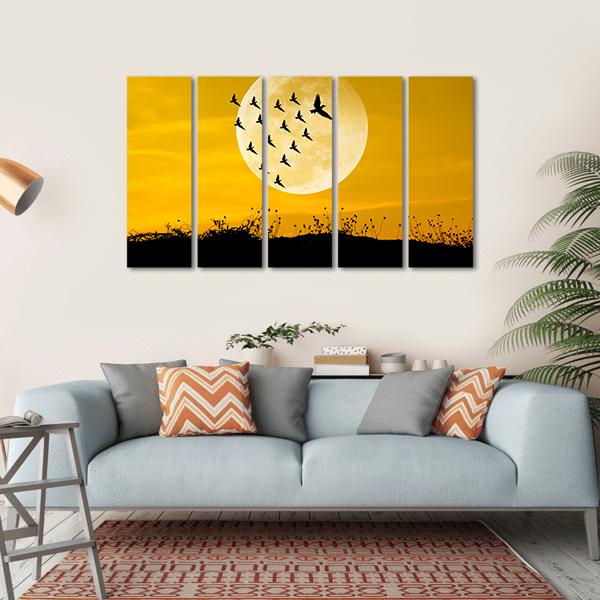 Moon & Birds Silhouettes Canvas Wall Art-5 Horizontal-Gallery Wrap-22" x 12"-Tiaracle