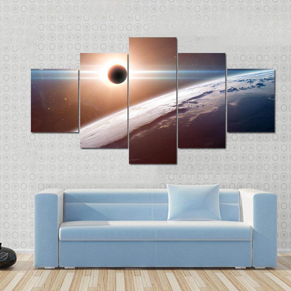 Moon Blocking SunLight On Planet Earth Canvas Wall Art-5 Star-Gallery Wrap-62" x 32"-Tiaracle