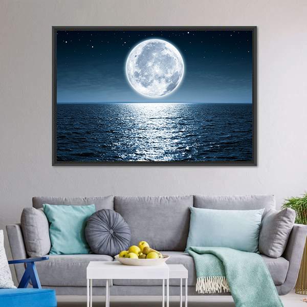 Moon Light Reflection On Ocean Canvas Wall Art-1 Piece-Framed Print-20" x 16"-Tiaracle