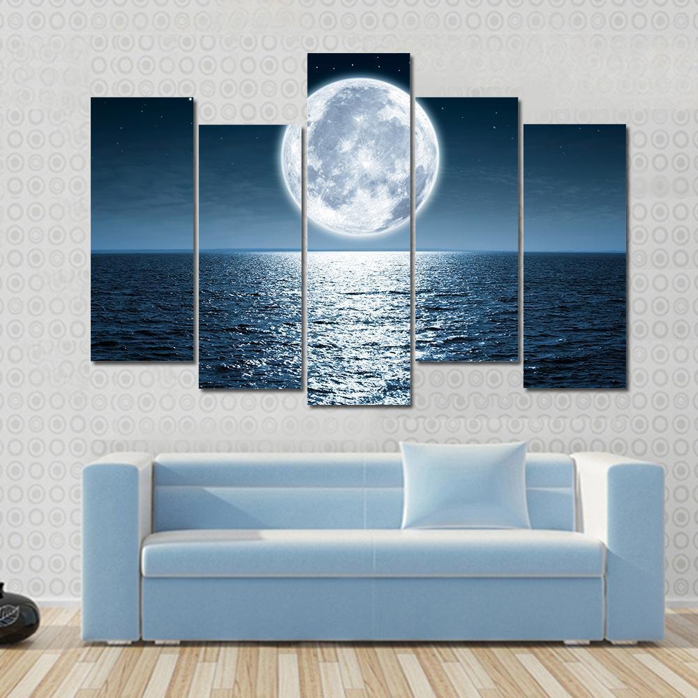 Moon Light Reflection On Ocean Canvas Wall Art-5 Pop-Gallery Wrap-47" x 32"-Tiaracle
