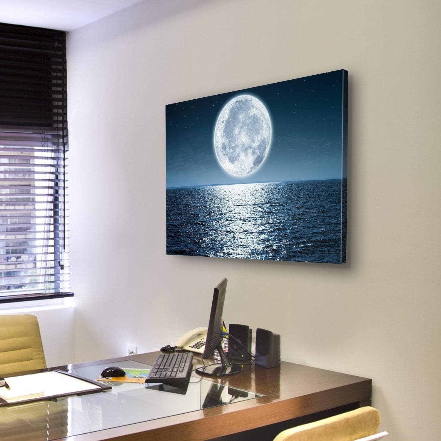 Moon Light Reflection On Ocean Canvas Wall Art-3 Horizontal-Gallery Wrap-25" x 16"-Tiaracle