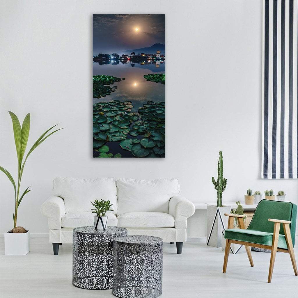 Moon Reflection On Pond Vertical Canvas Wall Art-1 Vertical-Gallery Wrap-12" x 24"-Tiaracle