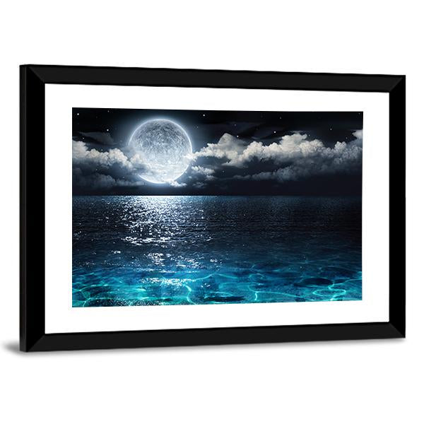 Moon On Sea At Night Canvas Wall Art-5 Horizontal-Gallery Wrap-22" x 12"-Tiaracle