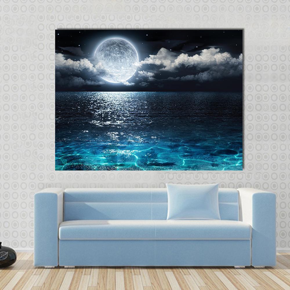 Moon On Sea At Night Canvas Wall Art-1 Piece-Gallery Wrap-48" x 32"-Tiaracle