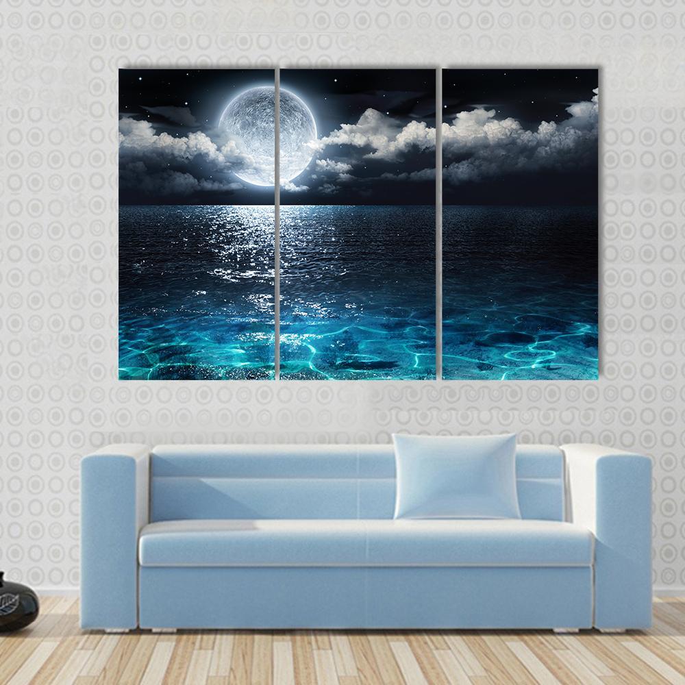Moon On Sea At Night Canvas Wall Art-3 Horizontal-Gallery Wrap-37" x 24"-Tiaracle
