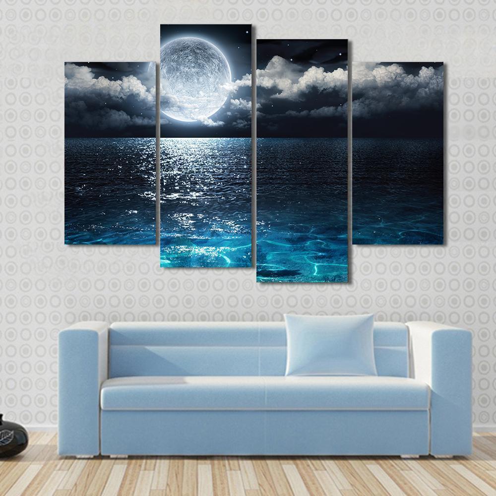 Moon On Sea At Night Canvas Wall Art-4 Pop-Gallery Wrap-50" x 32"-Tiaracle