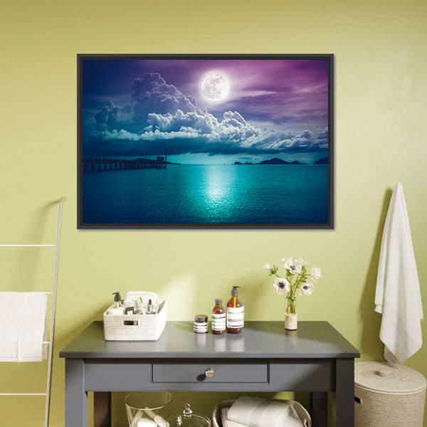Moon On Seascape Canvas Wall Art-5 Horizontal-Gallery Wrap-22" x 12"-Tiaracle