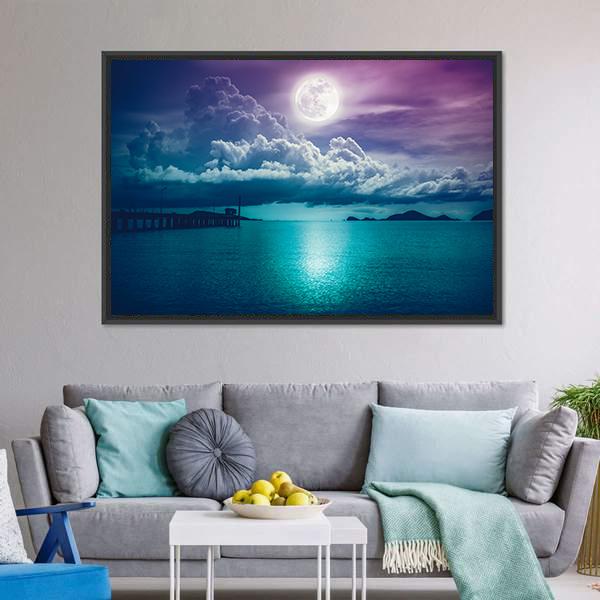 Moon On Seascape Canvas Wall Art-5 Horizontal-Gallery Wrap-22" x 12"-Tiaracle