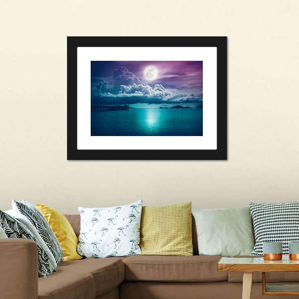 Moon On Seascape Canvas Wall Art-1 Piece-Framed Print-20" x 16"-Tiaracle