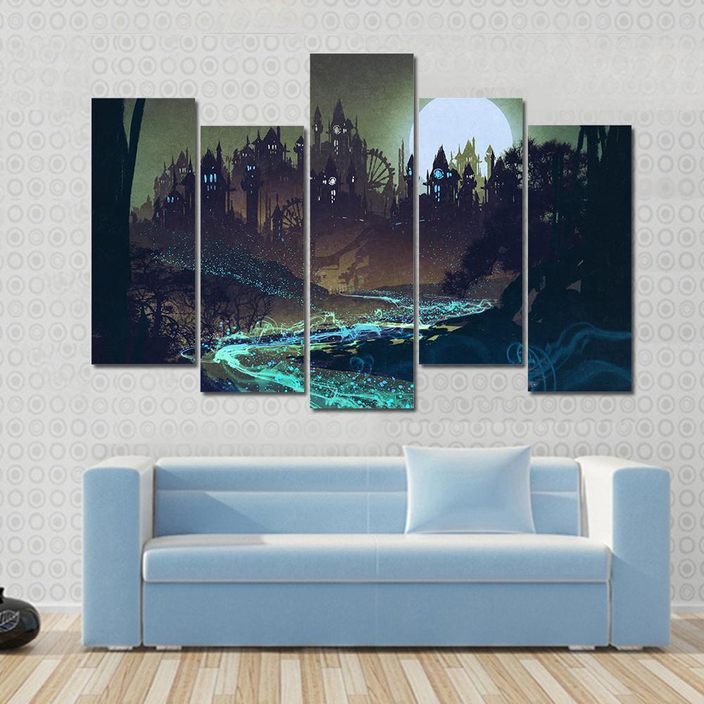Moon Over Castle Illustration Canvas Wall Art-5 Pop-Gallery Wrap-47" x 32"-Tiaracle