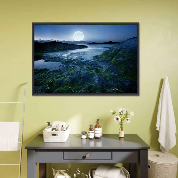 Moon Over Coast Cornwall Canvas Wall Art-5 Horizontal-Gallery Wrap-22" x 12"-Tiaracle
