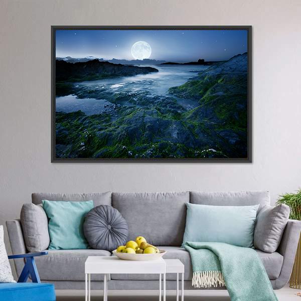 Moon Over Coast Cornwall Canvas Wall Art-5 Horizontal-Gallery Wrap-22" x 12"-Tiaracle