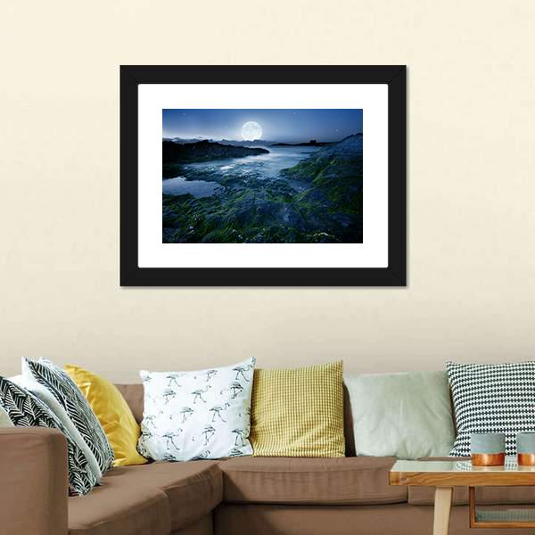 Moon Over Coast Cornwall Canvas Wall Art-5 Horizontal-Gallery Wrap-22" x 12"-Tiaracle