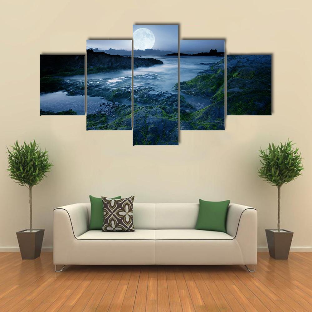 Moon Over Coast Cornwall Canvas Wall Art-5 Star-Gallery Wrap-62" x 32"-Tiaracle