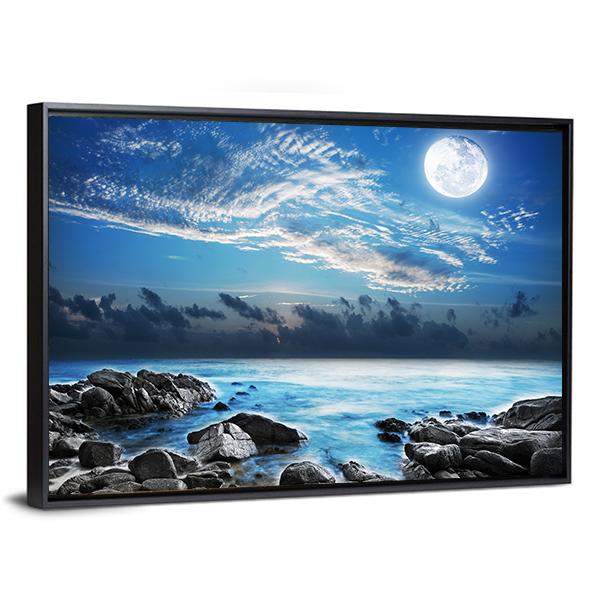 Moon Over Tropical Bay Canvas Wall Art-3 Horizontal-Gallery Wrap-25" x 16"-Tiaracle