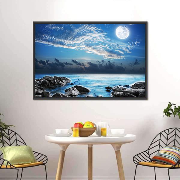 Moon Over Tropical Bay Canvas Wall Art-3 Horizontal-Gallery Wrap-25" x 16"-Tiaracle