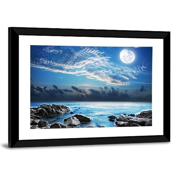 Moon Over Tropical Bay Canvas Wall Art-3 Horizontal-Gallery Wrap-25" x 16"-Tiaracle