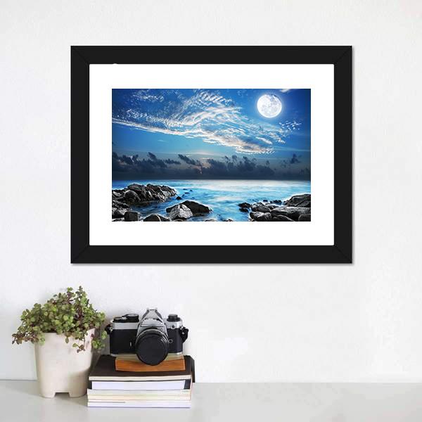 Moon Over Tropical Bay Canvas Wall Art-1 Piece-Framed Print-20" x 16"-Tiaracle