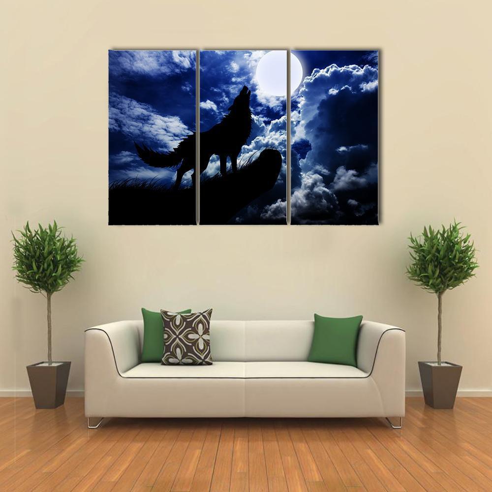 Wolf Howling Under Moon Canvas Wall Art-3 Horizontal-Gallery Wrap-37" x 24"-Tiaracle