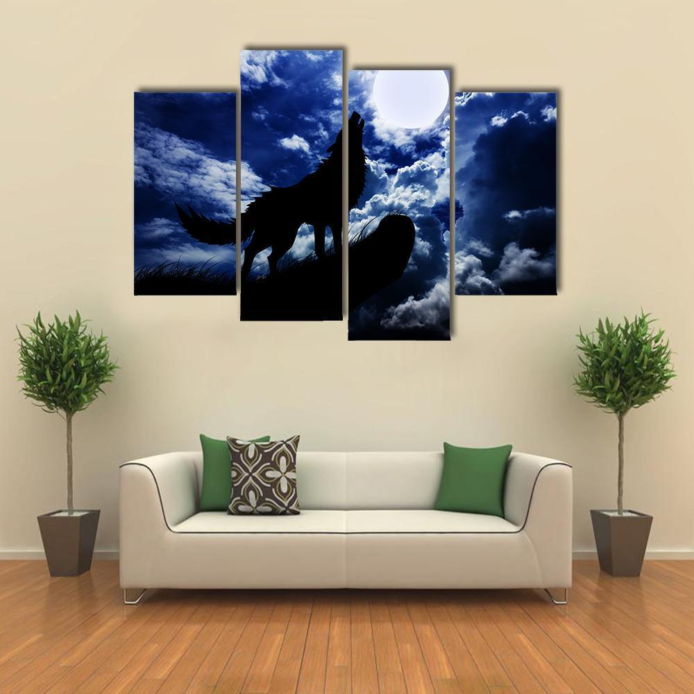 Wolf Howling Under Moon Canvas Wall Art-4 Pop-Gallery Wrap-50" x 32"-Tiaracle