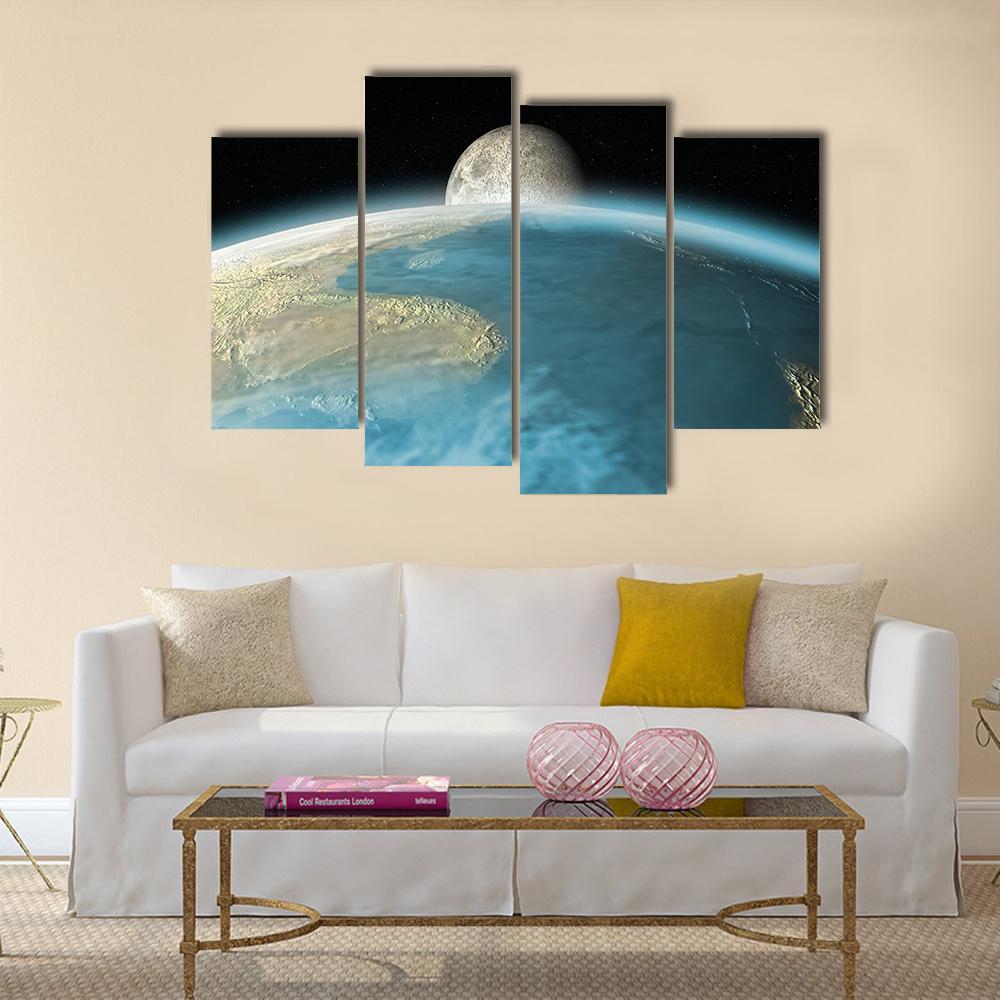 Moon Rising Over Earth Canvas Wall Art-4 Pop-Gallery Wrap-50" x 32"-Tiaracle