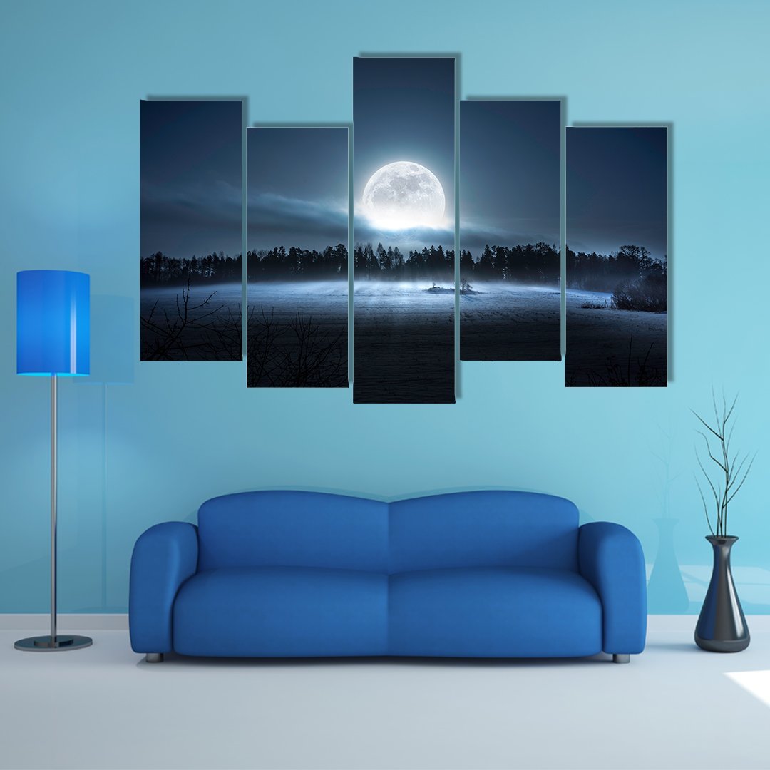 Moon Rising Over Forest Canvas Wall Art-5 Pop-Gallery Wrap-47" x 32"-Tiaracle