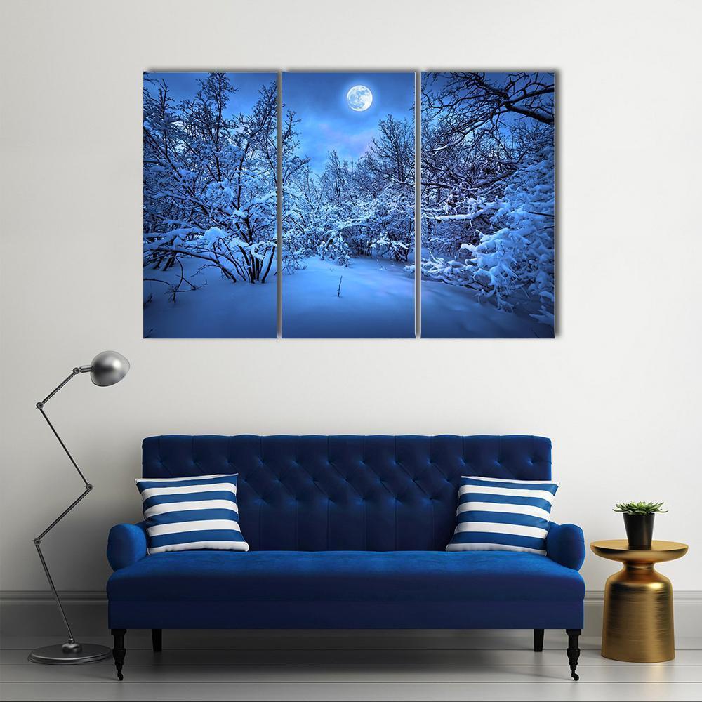 Moon Light In Winter Forest Canvas Wall Art-3 Horizontal-Gallery Wrap-37" x 24"-Tiaracle