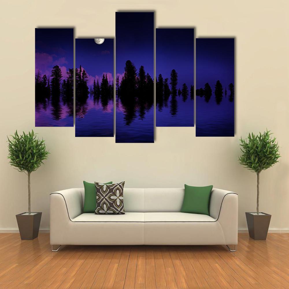Moon Rise Over Pine Trees Canvas Wall Art-5 Pop-Gallery Wrap-47" x 32"-Tiaracle