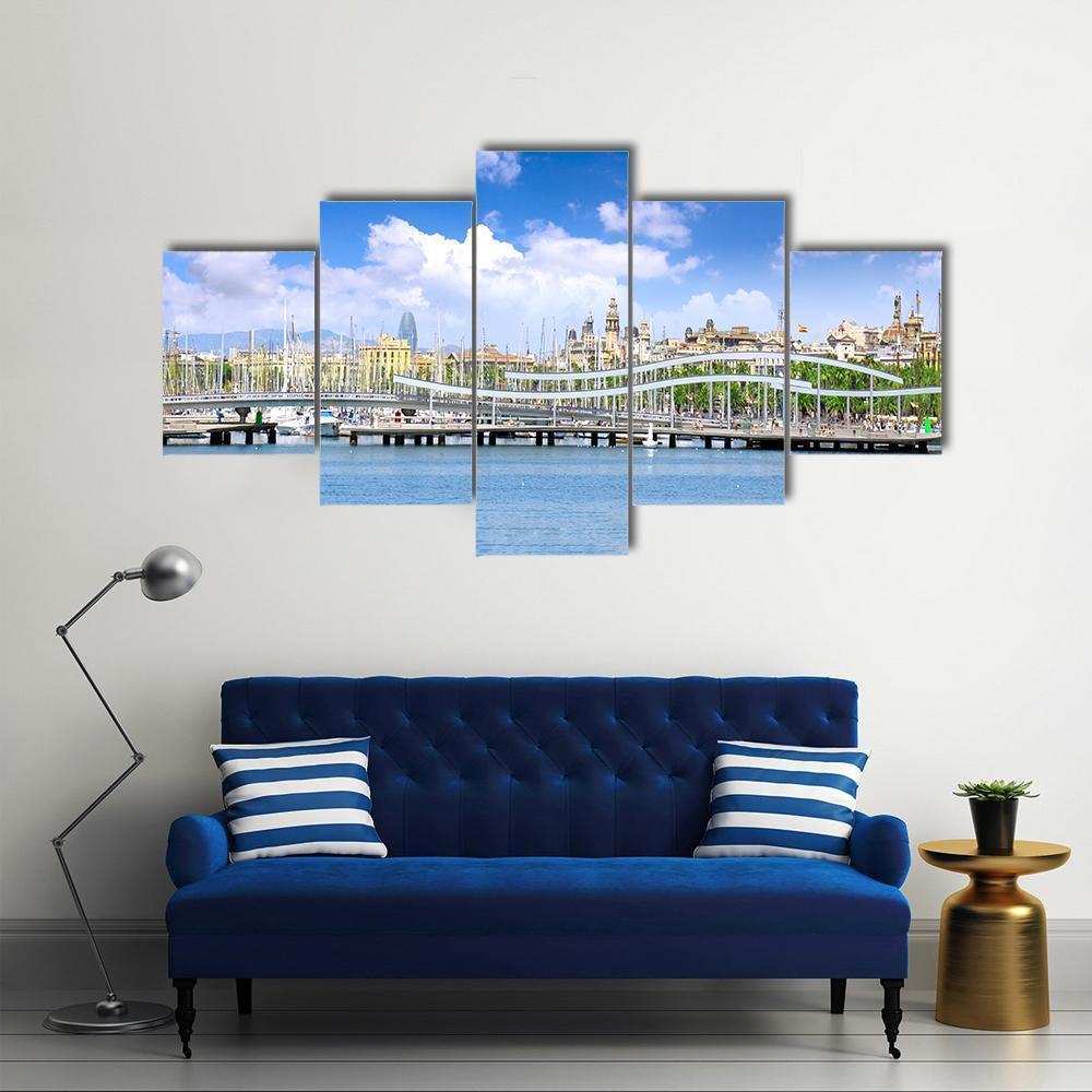 Yachts In Barcelona Sea Port Canvas Wall Art-5 Star-Gallery Wrap-62" x 32"-Tiaracle